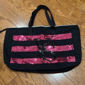 Victoria's Secret glamorous Black Tote with Pink Sequin Stripes